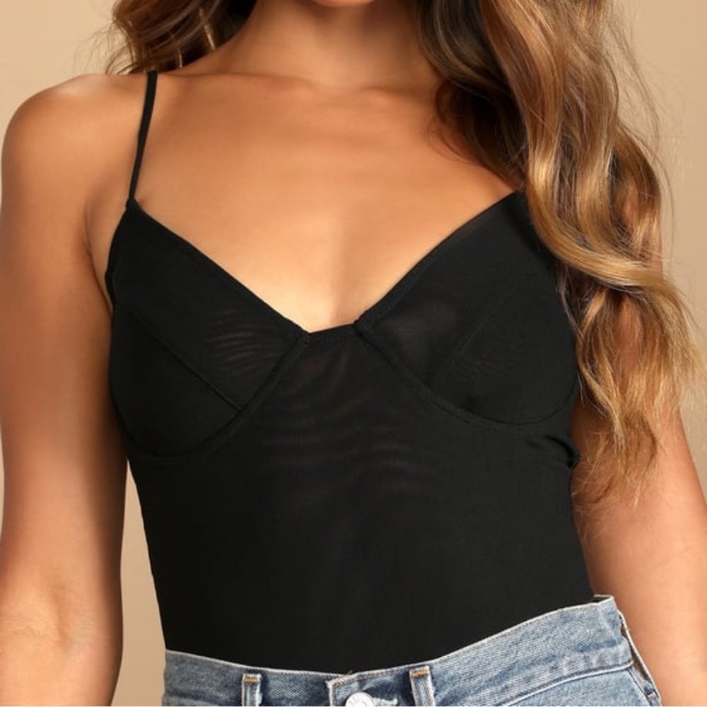Lulu’s Popular Vibes Black Mesh Bustier Bodysuit